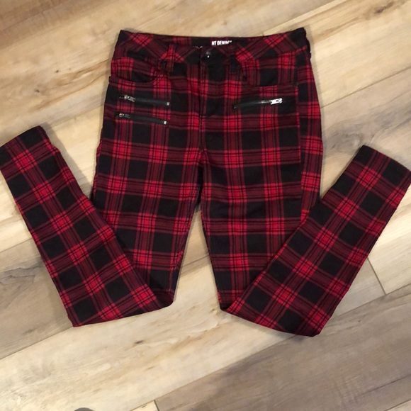 HT DENIM HI-RISE SUPER SKINNY SIZE 1 RED & BLACK PLAID JEANS - Picture 1 of 11
